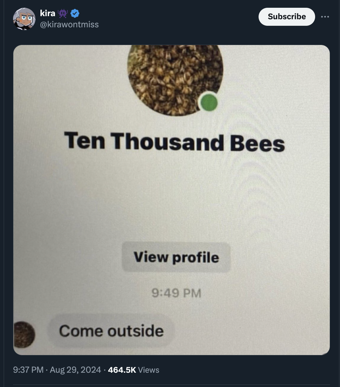 ten thousand bees come outside - kira Subscribe Ten Thousand Bees View profile Come outside Views